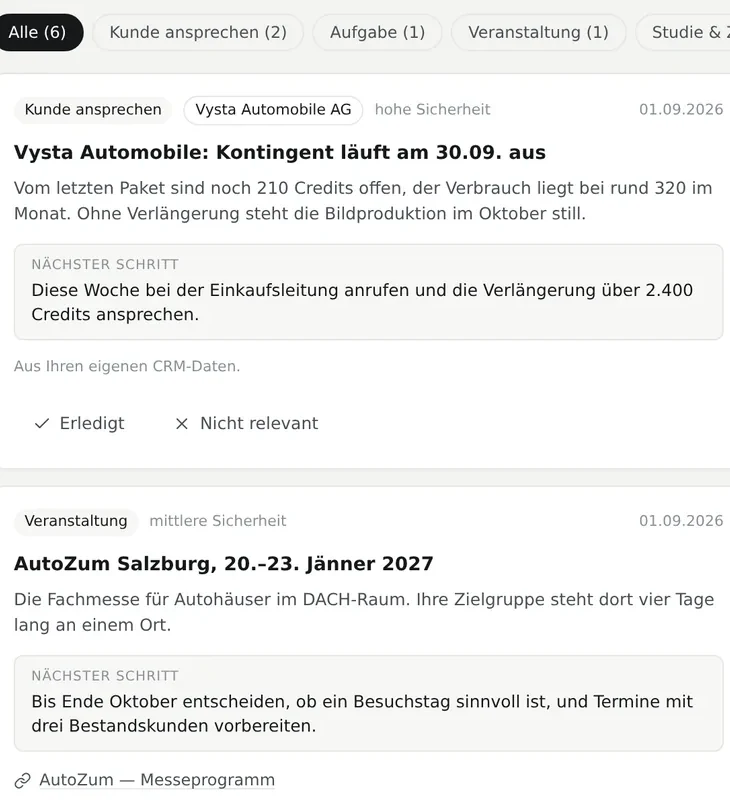 Zwei Vorschläge aus einer Impulse-Woche, jeder mit Anlass, nächstem Schritt und Quelle