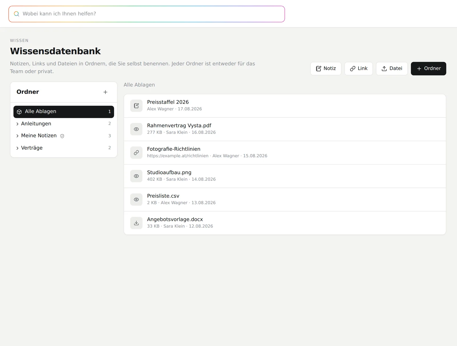 Die Wissensdatenbank mit Ordnern, Notizen, Links und Dateien
